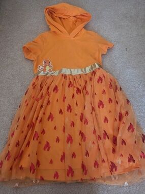 Kids Orange Hooded Tulle Dress with Flame Motif